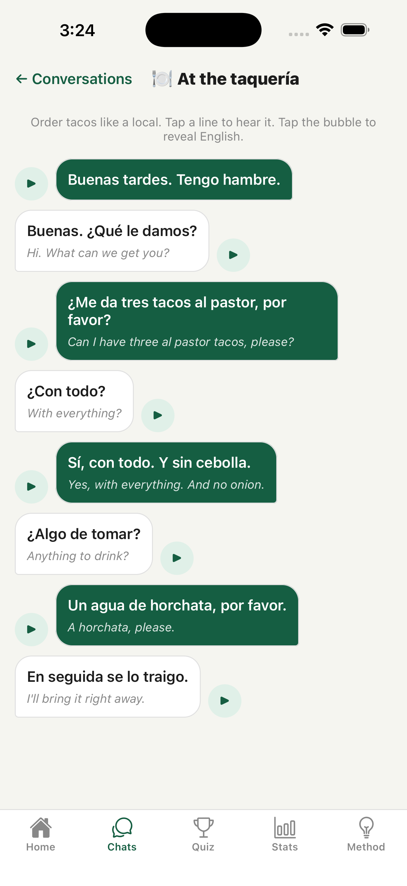 PalabraFlow Conversations screen showing a sample Mexican Spanish dialogue at a taqueria, ordering tacos al pastor, with speaker bubbles, tap a line to hear it and tap a bubble to reveal the English translation