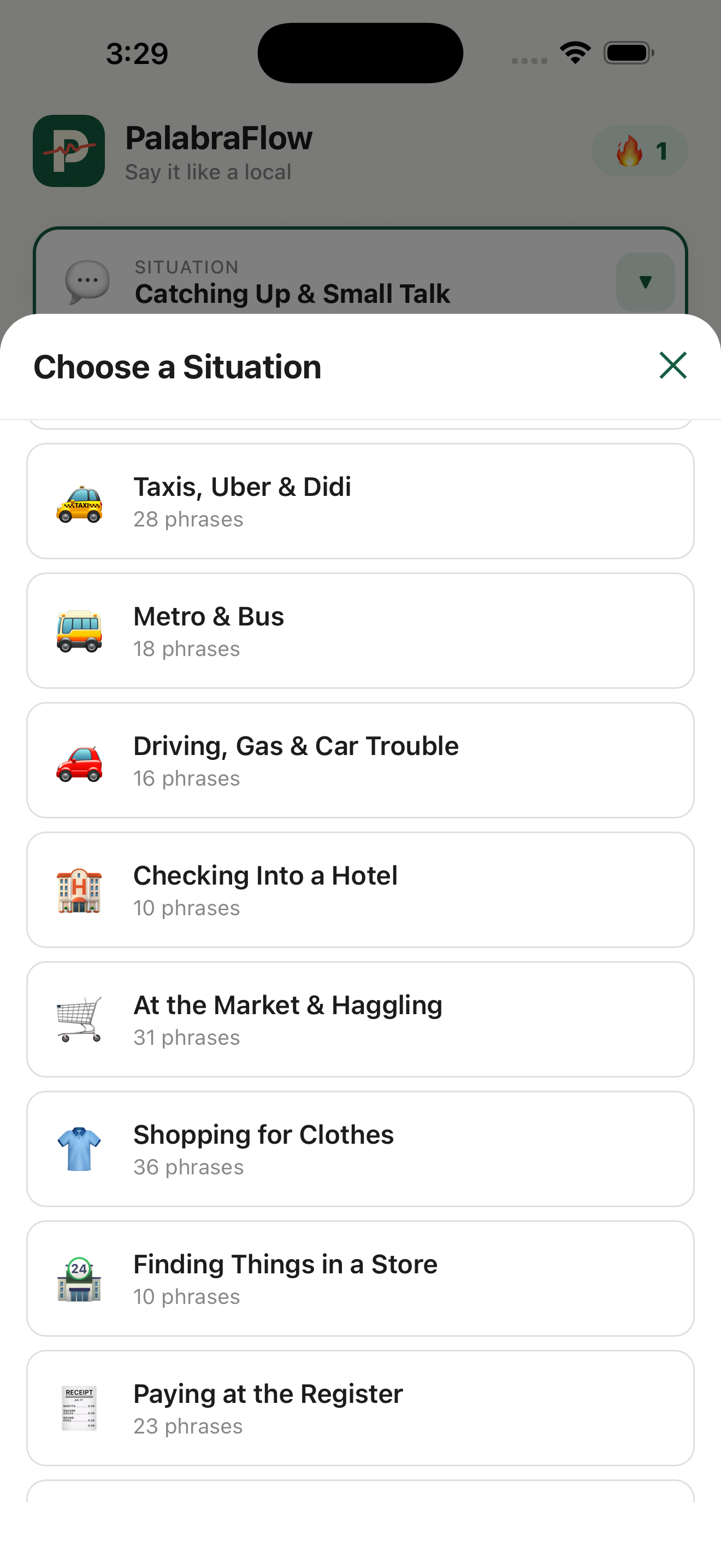PalabraFlow situation picker (Choose a Situation) listing real-life Mexican Spanish situations with phrase counts, including Taxis Uber and Didi, Metro and Bus, At the Market and Haggling, and Shopping for Clothes