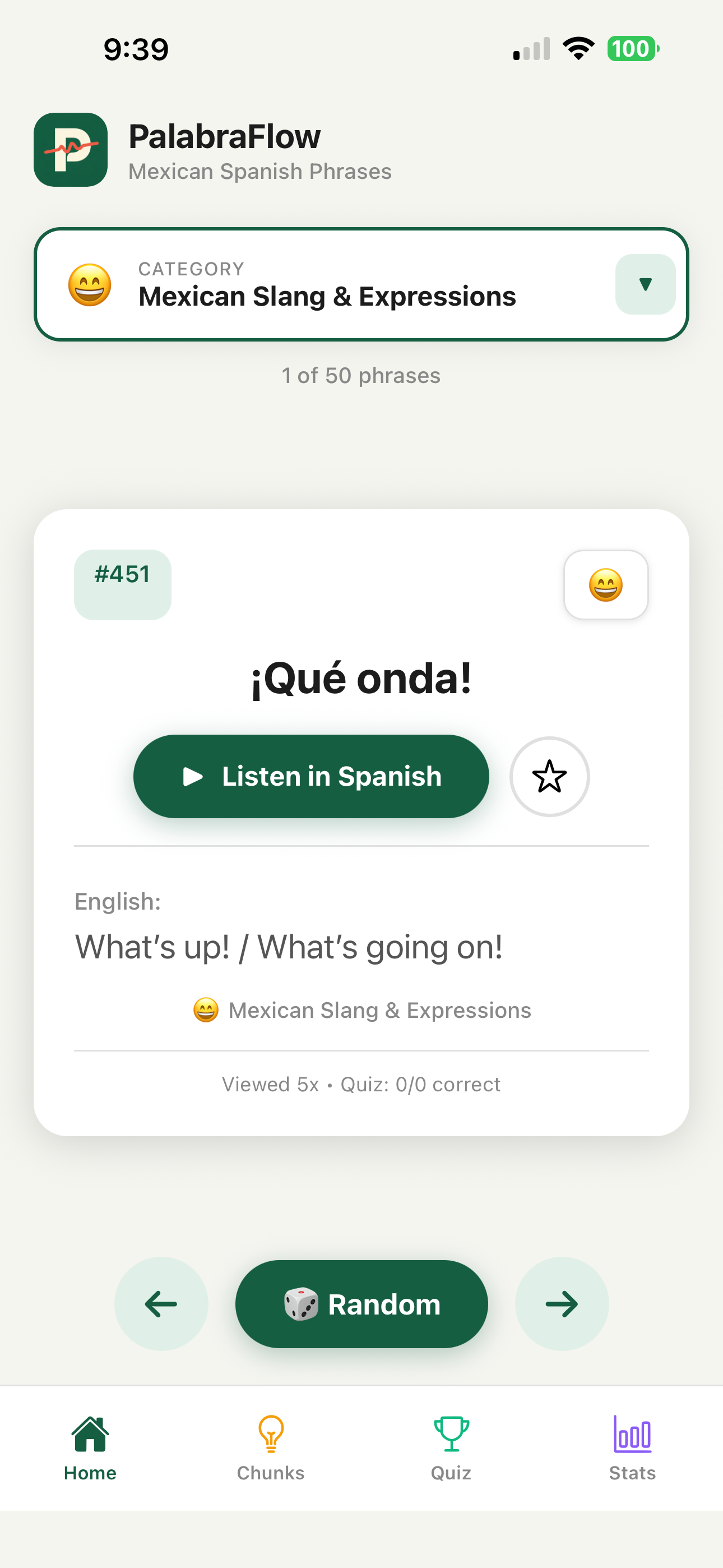 PalabraFlow app showing Mexican Spanish slang phrase with audio pronunciation
