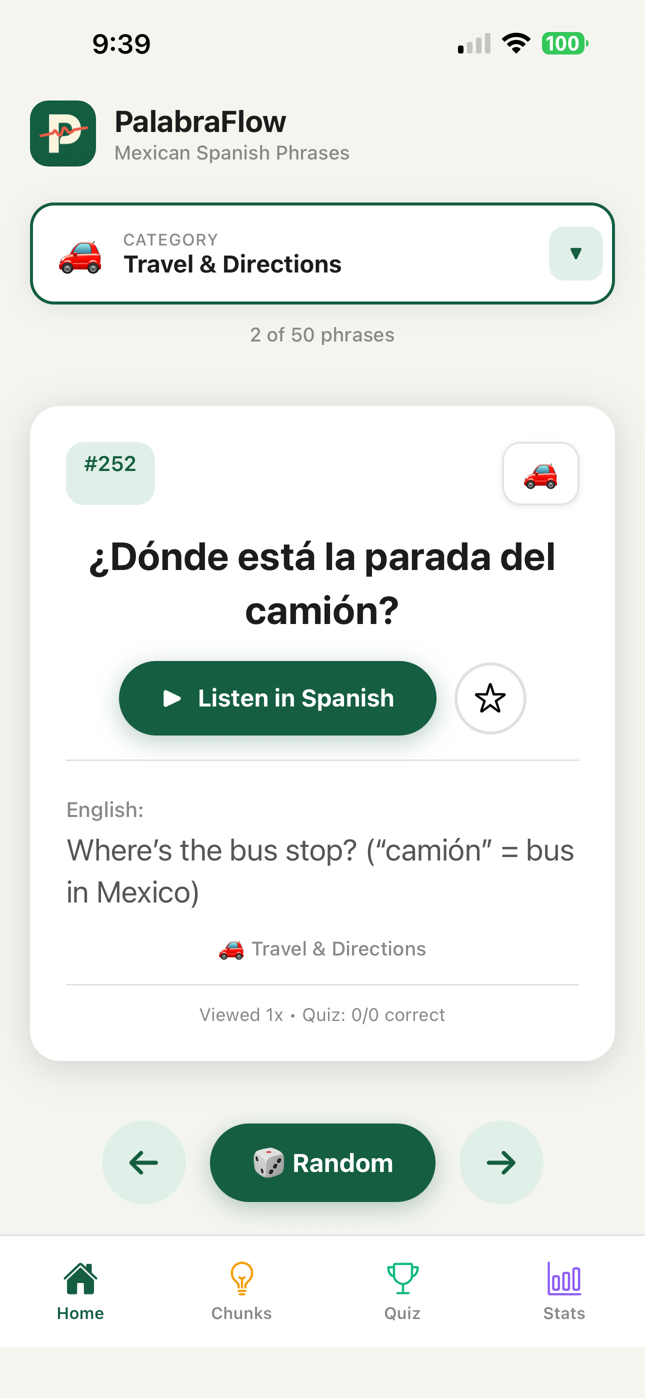 PalabraFlow app showing Mexican Spanish travel phrase with audio pronunciation