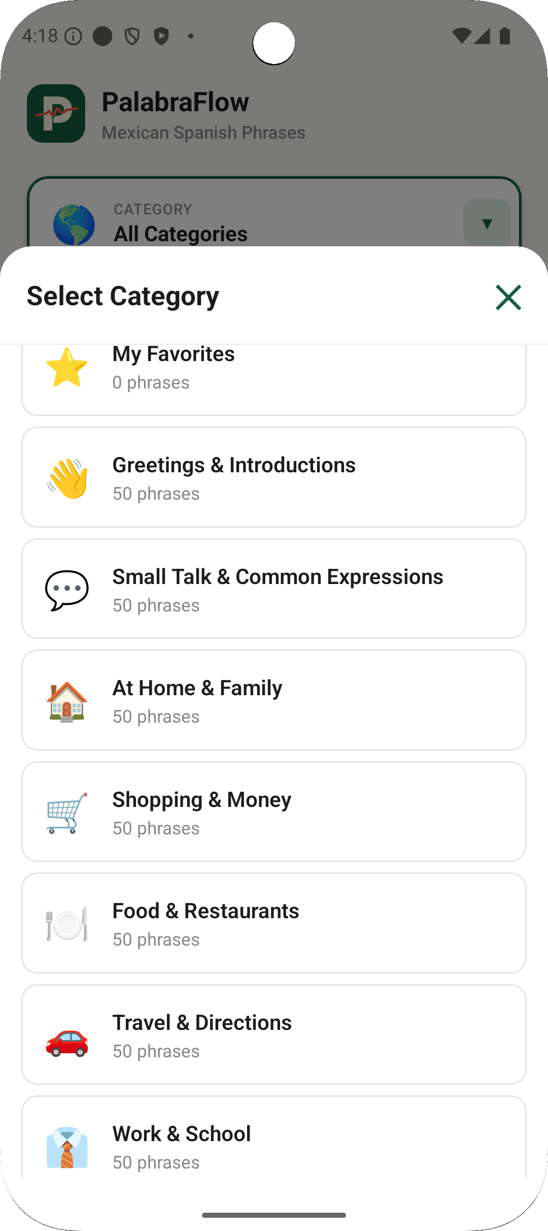 20 real-life Mexican Spanish phrase categories including restaurants, travel, and slang in PalabraFlow