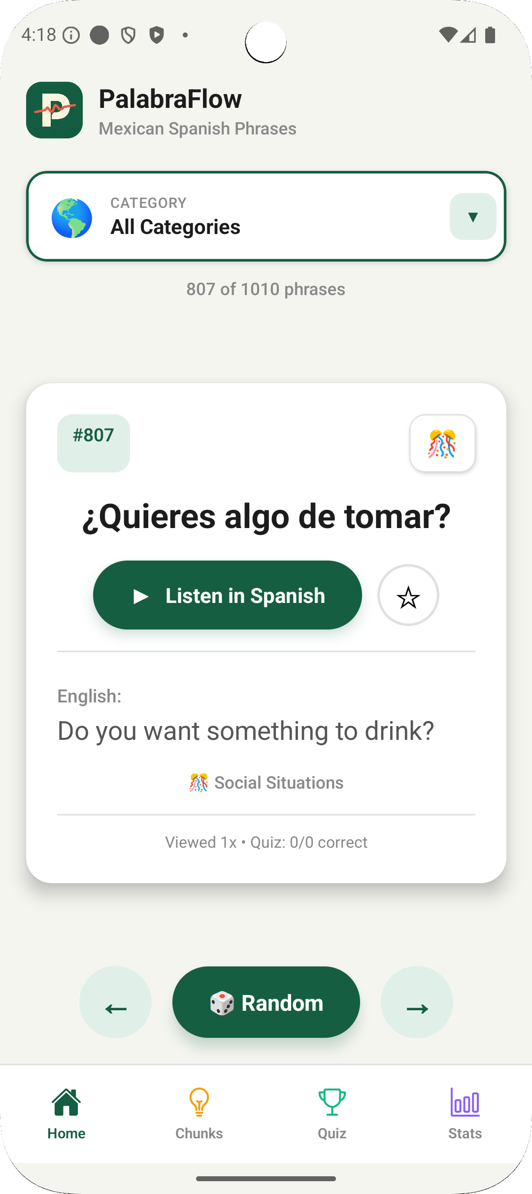 PalabraFlow app showing a Mexican Spanish phrase flashcard with audio pronunciation