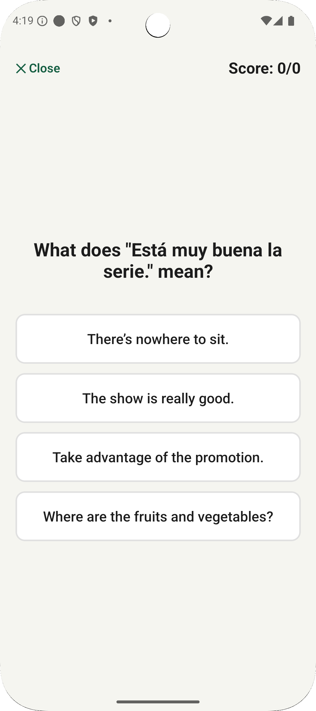 Quiz mode testing Mexican Spanish phrase knowledge in PalabraFlow app