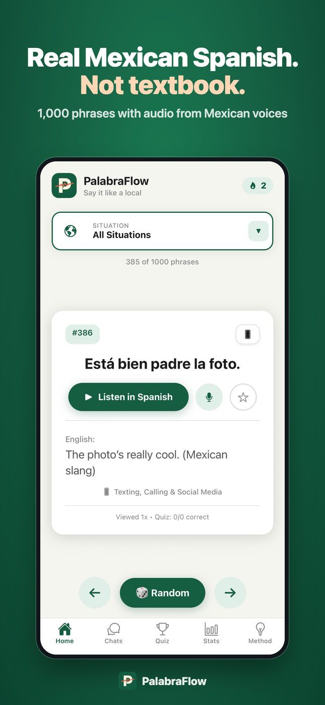 PalabraFlow Home screen with the Mexican phrase 