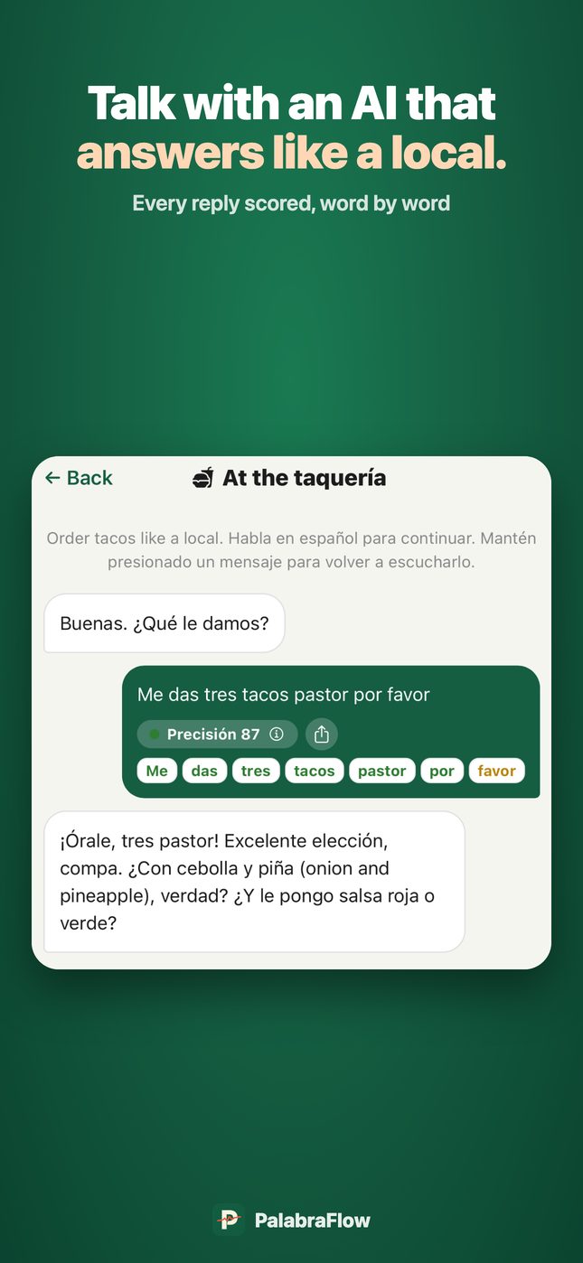 AI tutor conversation at a taquería: the user says 