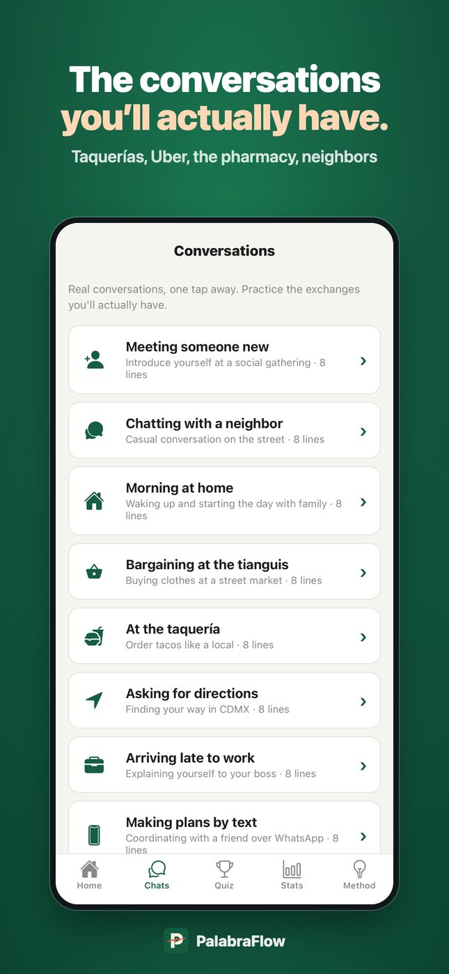 List of real-life conversations: meeting someone new, chatting with a neighbor, bargaining at the tianguis, at the taquería, asking for directions