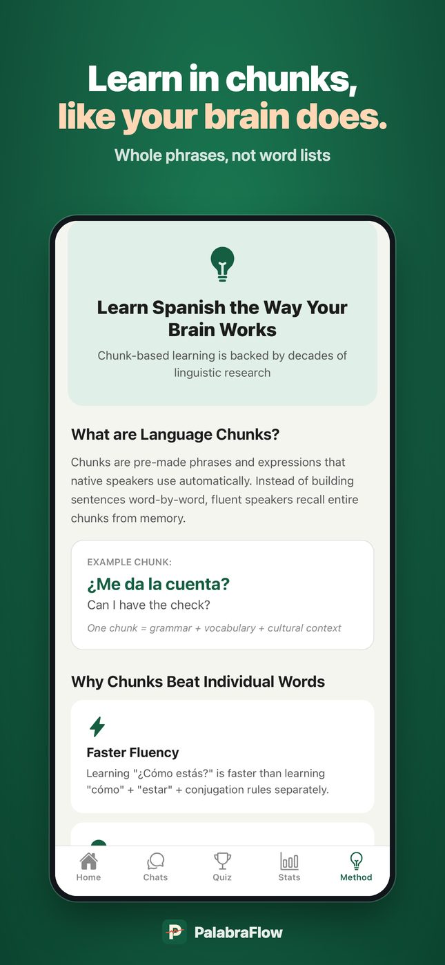 The Why Chunks screen explaining chunk-based learning with the example 
